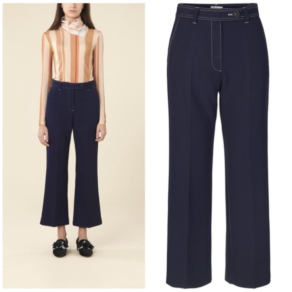 STINE GOYA Midnight‎ Blue Bob Heavy Woven Flare Cropped Dressy Pants Size Medium - Picture 1 of 9